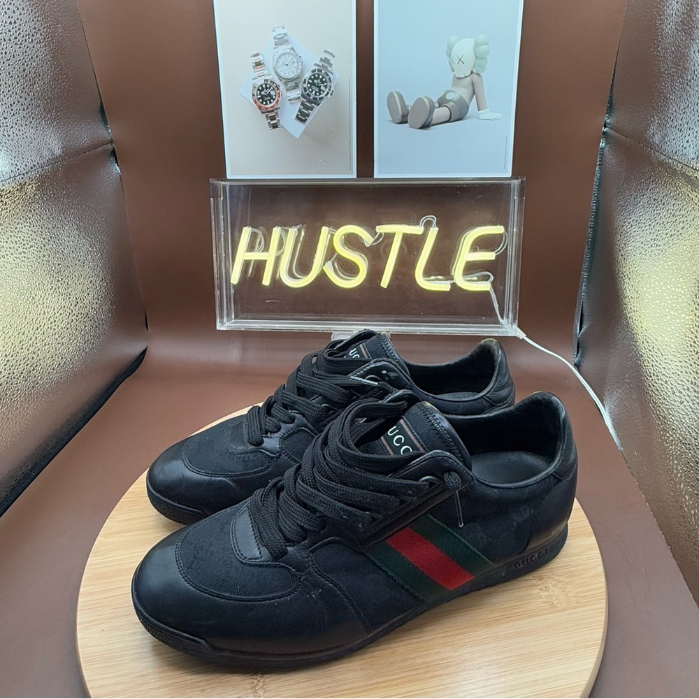 Gucci Guccissima black Leather and Classic Web Men's Sneakers Sz 7.5 - Picture 2 of 13
